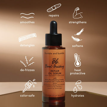 A bottle of Bumble and Bumbles Bond-Building Repair Oil Serum surrounded by it's benefits. This treatment serum is colour-safe, de-frizzes, detangles, smoothes, repairs, strengthens, softens, is a heat protectant, and hydrates hair.