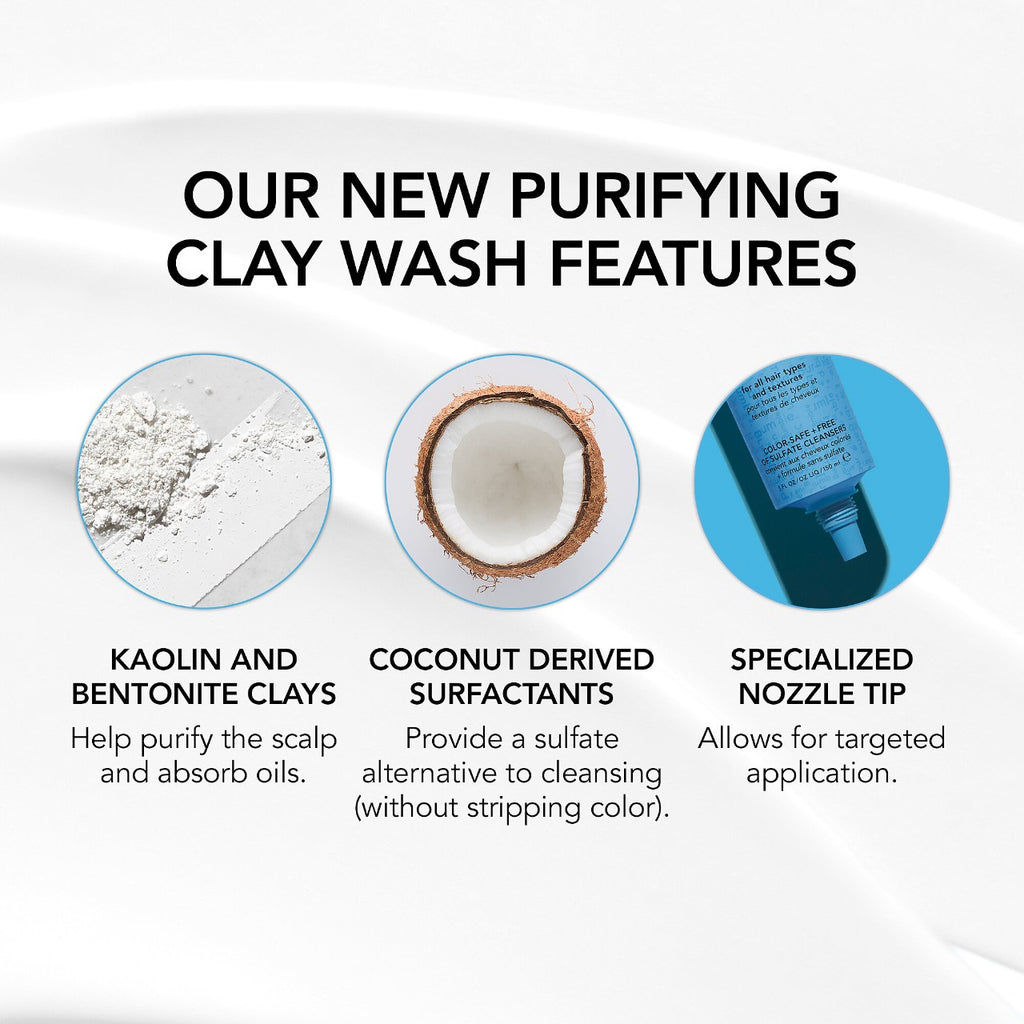 Features of Bumble and Bumbles Purifying Clay Wash. Kaolin and Bentonite Clays to absorb oils, Coconut derived surfactants are an alternative to harsh cleansers, and specialized nozzle tip allows for targeted application.